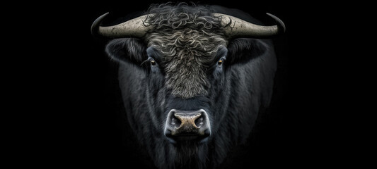 Naklejka premium Portrait of black bull on black background with copy space. animal wildlife. digital art 