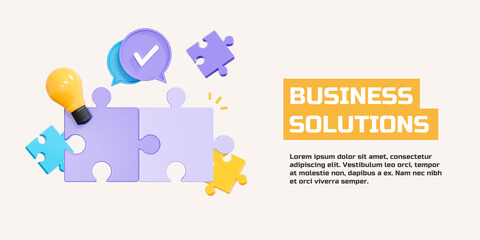 3D Business solutions banner background. Jigsaw puzzle pieces. Teamwork collaboration concept. Work organization. Web landing page template. Cartoon creative design illustration. 3D Rendering