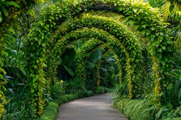 Beautiful green plant arches over the pathway in the garden, Singapore - obrazy, fototapety, plakaty