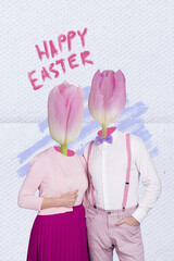 Vertical creative collage photo of positive headless people flower instead of head hug wish happy...