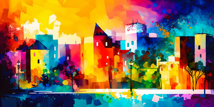 Abstract painting concept. Colorful art of a small city park with buildings in the background. Generative AI.