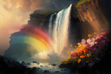 A beautiful waterfall with the rainbow illustration. Heaven concept. Hawaiian landscape.