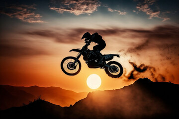 Dirt biker is making a jump in the air with sunset sky on the background.