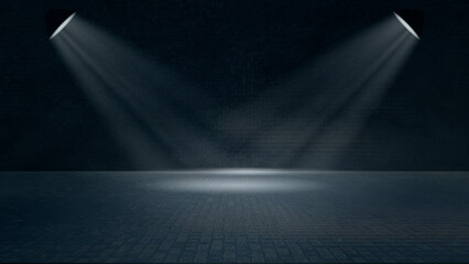 The dark stage shows, dark blue background, an empty dark scene, neon light, and spotlights The...