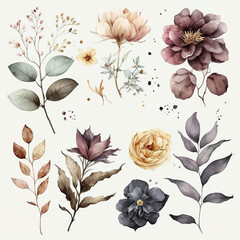 Colorful floral collection with many watercolor elements. Set of floral elements. generative ai 