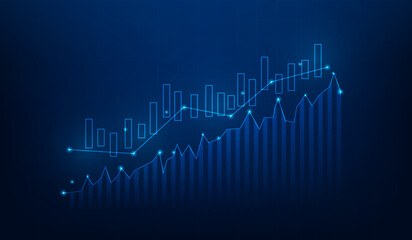 business candlestick graph investment growth up. trading market increase on blue dark background. finance economics chart statistics. vector illustration fantastic technology digital.
