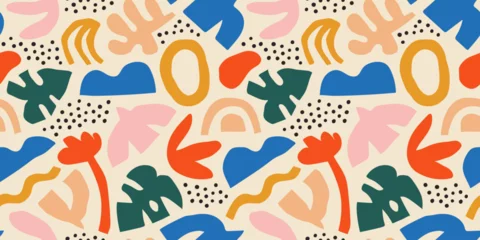 Fototapeten Abstract organic shape seamless pattern with colorful freehand doodles. Organic flat cartoon background, simple random shapes in bright childish colors.  © Dedraw Studio