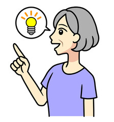 A senior woman pointing upward with a light bulb