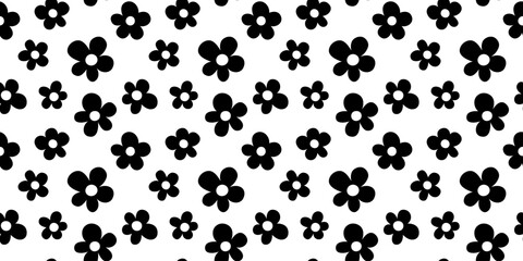 Black and white floral seamless pattern illustration. Vintage 70s style hippie flower background design. Y2k nature backdrop with daisy flowers.
