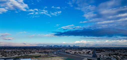 Panoramic shot the Las Vegas cityscape under the blue sky, Nevada, USA