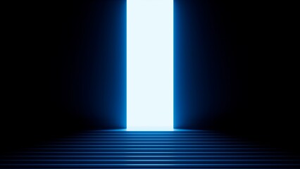 3d render, abstract minimalist blue geometric background. Bright neon light going through the vertical slot. Doorway portal glowing in the dark - obrazy, fototapety, plakaty