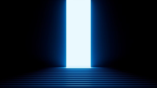 3d render, abstract minimalist blue geometric background. Bright neon light going through the vertical slot. Doorway portal glowing in the dark