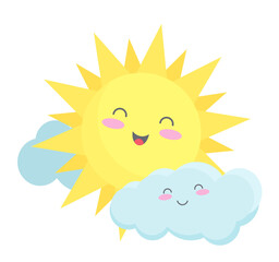 Cute sun and cloud. Smiling childish weather, happy emotion expression vector cartoon illustration