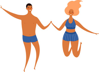 Young couple in swimsuits jumping cute cartoon characters illustration. Hand drawn flat style design, isolated PNG. Summer holidays, vacations, outdoors, beach activity, pool party, seasonal element