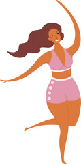 Young woman in swimsuit dancing cute cartoon character illustration. Hand drawn flat style design, isolated PNG. Summer holidays, vacations, outdoors, beach activity, pool party, seasonal element
