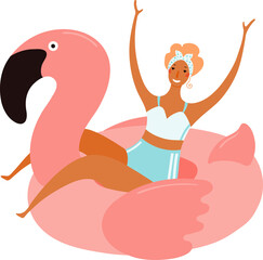 Young woman in swimsuit, riding flamingo float cute cartoon character illustration. Hand drawn flat style design, isolated PNG. Summer holidays, vacations, outdoors, beach activity, pool party element