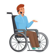 Boy sitting in chair and talking on phone. Man with walking disability vector cartoon illustration