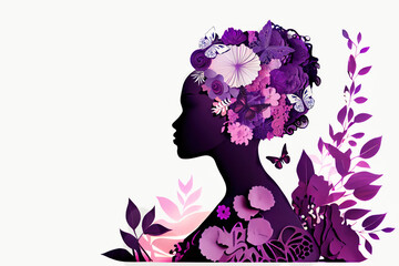 Happy Mother's Day card with papercut mom and flowers. Silhouette of an african american woman on a wite background with copy space. Background for Women's Day.AI generative.