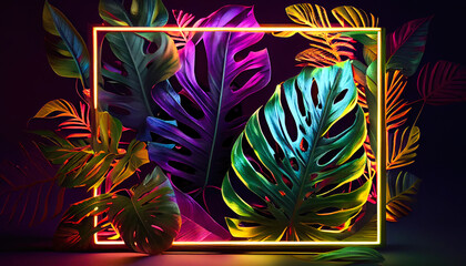 Colorful tropical leaves with neon frame on dark background. Generative AI.	
