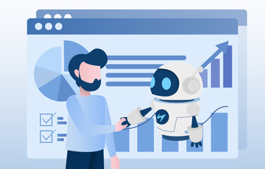 Handshake between human and robot contracting convention agreement. Develop and improve innovation for Artificial Intelligence success. Flat vector illustration.