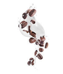 Coffee beans with milk splashes isolated on a white background