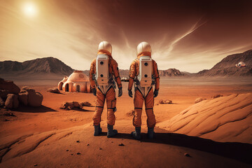 Back view of two astronaut wearing space suit in Mars looking at the base and rover. Composite with different elements made with generative AI