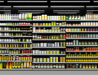 Canned Food, Fruits and Vegetables and Sauces packagings on shelf at supermarket Mock-up, 3D illustration. Suitable for presenting new packagings, box, labels designs, among many others.