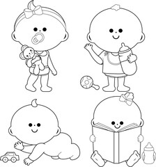 Cute baby girls and boys. Vector black and white coloring page.