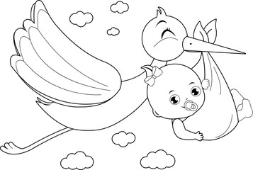 A stork bird flying in the sky and delivering a cute newborn baby girl. Vector black and white coloring page
