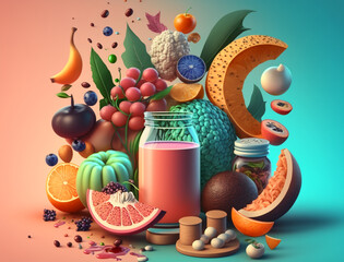 Ai mix food illustration with fresh fruits presentation, hydration healthy drinks, vessel. Concept of balanced diet, ingredients meals, health benefits nutrients vitamins. juices, copy space