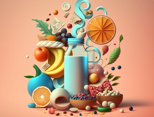 Ai mix food illustration with fresh fruits presentation, hydration healthy drinks, vessel. Concept of balanced diet, ingredients meals, health benefits nutrients vitamins. Orange juices, copy space