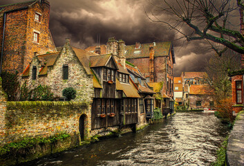 Bruges town canals and stone houses