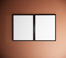 Gray wall, two white wall frame same size, 3D rendering.