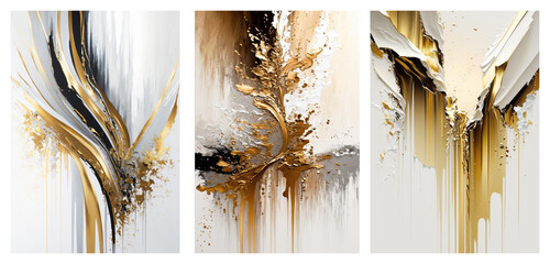 Set of abstract art posters, gold black and white texture, concept art, room decoration generative ai	
