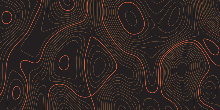 Balack andorange wavy abstract topographic map contour, lines Pattern background. Topographic map and landscape terrain texture grid. Wavy banner and color geometric form. Vector illustration.