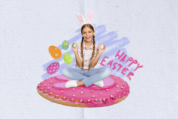 Creative collage photo illustration of positive optimistic small girl sitting on cake holding easter eggs isolated on drawing background