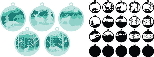 Chrismass boll with animals in forest. Laser cut for paper and wood - obrazy, fototapety, plakaty