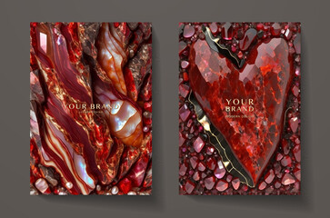 Luxury red marble texture set. Natural precious gems pattern, heart stone symbol on background for  romantic template, formal invitation, greeting card, expensive invite design