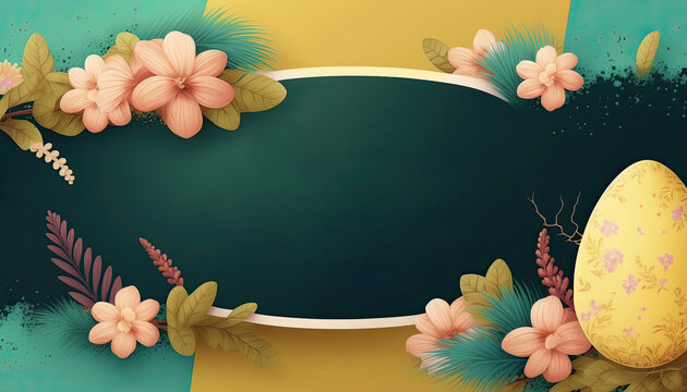 Easter egg and flower frame with a place for text, spring banner with dark background, generative ai