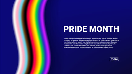 Pride Month banner concept. Vector illustration with new progressive Pride flag isolated on dark blue background. Template of web page for Pride Month events. LGBTQ banner. Progressive rainbow. - obrazy, fototapety, plakaty