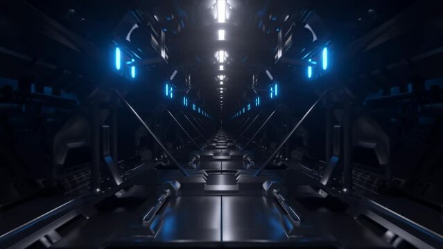 Abstract concept. Sci-fi futuristic empty dark tunnel background. Blue neon light. 3d animation of seamless loop