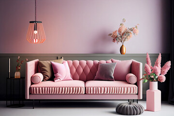 modern living room interior, pink colors 