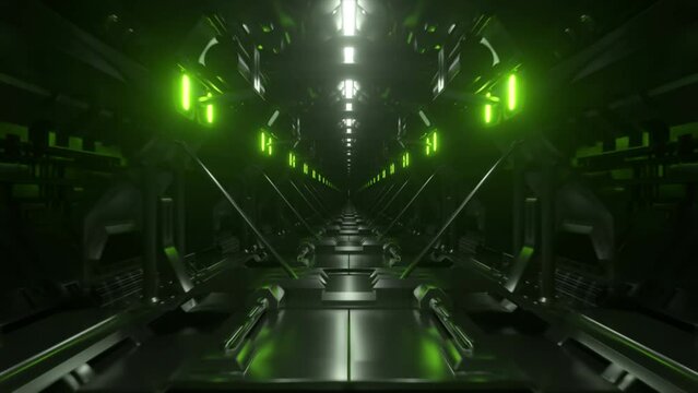 Flying down an endless dark corridor with green neon lighting. Tunnel aboard the spacecraft. 3d animation 