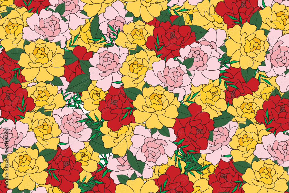 Wall mural Illustration background of rose flower with leaves.