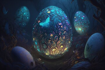 Obraz na płótnie Canvas fantasy amazing luxury Easter painted egg in glass egg on dark background. Happy Easter magical,generative ai.