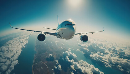 Fototapeta na wymiar Passenger airplane flying traveling above sea and land