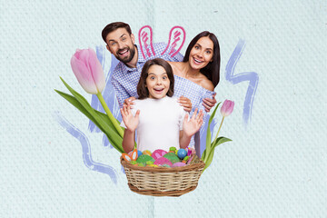 Creative collage photo illustration of positive cheerful family people celebrating easter together...