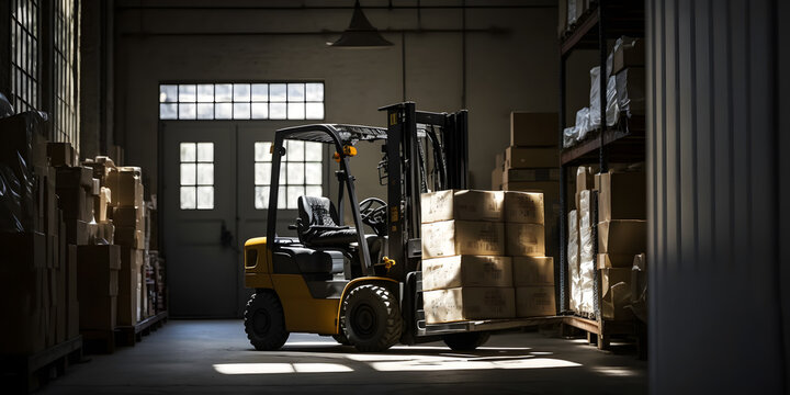 Forklift with box working in Warehouse industrial premises for storing materials. Concept banner center of logistic storage. Generation AI