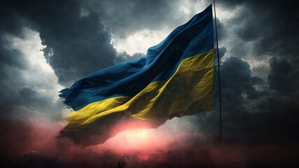 Ukrainian flag is waving against the sunset and the epic light. Blue and yellow flag