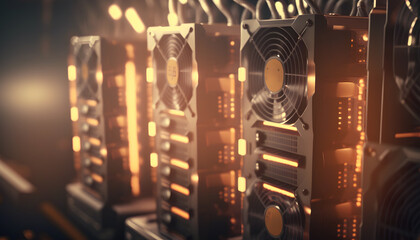 Obraz premium Bitcoin mining farm. Electronic devices cryptocurrency miners. Generation AI
